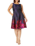 Adrianna Papell Pockets Pleated Floral Jacquard Dress Navy Blue / Pink Multi 6
