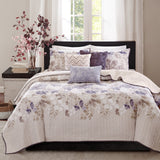 Madison Park Classic Set 6-Piece Cotton Blend Floral Taupe Purple Full / Queen