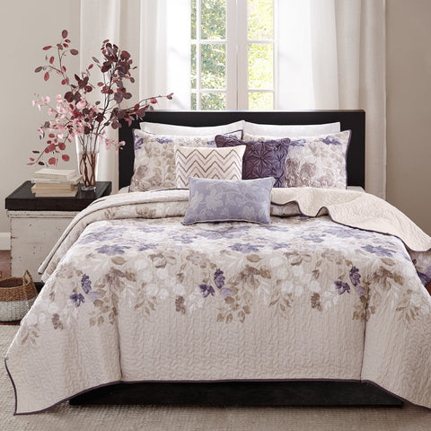 Madison Park Classic Set 6-Piece Cotton Blend Floral Taupe Purple Full / Queen