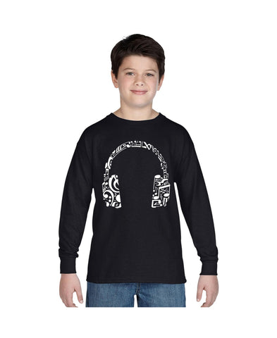 LA Pop Art Music Note Headphones Graphic Long Sleeve T-shirt Black / White L