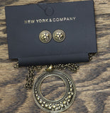 New York & Company Pendant Stud Earring Necklace Set Gold Yellow 18" + 3"