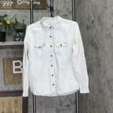 Forever 21 Womens Denim Cotton Long Sleeve Button Up Shirt Washed Blue White M
