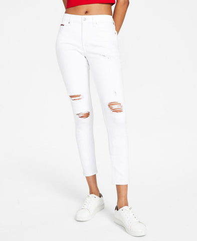 Tommy Jeans Women's Distressed Mid-Rise Skinny Ankle Jeans White 6