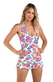 La Blanca V-Neck Halter Tankini Swimsuit Top Flor De Paradiso White Multi 10