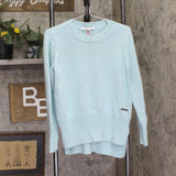 Peace Love World Crewneck Sweater w/ Pop Color Detail Soft Seafoam Blue Green S