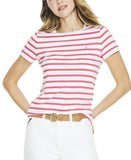 Nautica Womens Cotton Striped Crewneck T-Shirt Honeysuckle Pink / White Stripe L