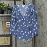 LC Lauren Conrad Ruffle Front V-Neck Long Sleeve Blouse Shirt Top Blue Floral M