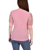 Ny Collection Puff Sleeve Keyhole Neckline Jersey Knit Blouse Mellow Rose Pink S