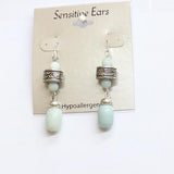 Sensitive Ears Fashion Dangly Beaded Earrings Silver Gray / Teal Blue 2.75"