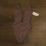 Sanctuary Refresh Rib Plunging Lace Back Mio One-Piece Swimsuit Iron Brown M