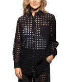 Dotti Womens Cotton Openwork Dot Cover-up Beach Shirt Roll Tab Sleeve Black S