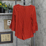 Unranded Womens 3/4 Sleeve Bell Pin Tuck Shirt Top Red Orange See Measurements
