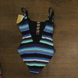 Michael Michael Kors Ring Accent Striped One-Piece Swimsuit Black Blue Multi 12