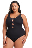 Bleu By Rod Beattie Womens Pucker Up Lace-Up One Piece Swimsuit Black 18W