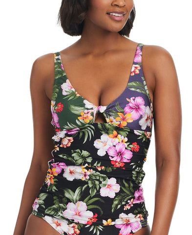 Bar III Womens Printed Twist-Front Shirred Tankini Top Swim Multi Black XL