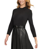 Calvin Klein Women's Matte Jersey Combo Pu Leather Belted Aline Dress Black 2