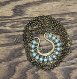 Premier Designs Fashion Horseshoe Lyre Stone Pendant Necklace Brass / Blue 35"