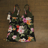 Bar III Womens Printed Twist-Front Shirred Tankini Swim Top Multi Black S