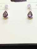 Teardrop Crystal Drop Post Back Stud Earrings Silver Gray / Purple