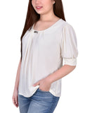 Ny Collection Embellished Neck Wide Cuff Knit Blouse Pristine Off White XL