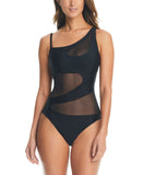 Bar III Womens One-Shoulder Mesh Cutout One Piece Swimsuit MBNB24232 Black L