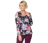Attitudes by Renee Womens Knit Print V-Neck Shirt Top A702854 Black Floral 2XS