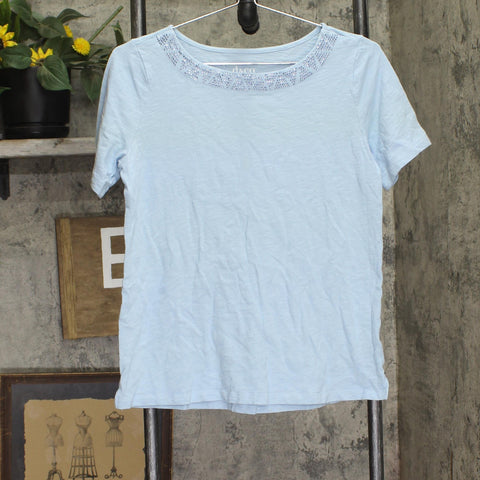 Denim & Co, Linen Blend Knit Top with Neck Embellishment Clear Sky Blue XS
