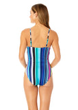 Anne Cole Womens Vintage Scoop Neck One Piece Swimsuit Barcode Stripe Blue 14