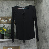Inc International Concepts Ruched Long Sleeve Ribbed Henley Top Deep Black M