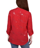 Ny Collection Roll Tab Sleeve Button Down Metallic Foil Blouse Top Glowdot Red L