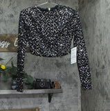Alex & Sophia Cropped Faux-Pearl-Trim Sequin Velvet Top Charcoal Black 2XS