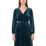 MSK Womens Long Sleeve Belted Waist Stretch Velvet Shift Dress Emerald Green L