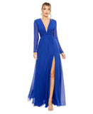 Ieena by Mac Duggal Twist Sheer Long Sleeve Maxi Dress Gown Sapphire Blue 10