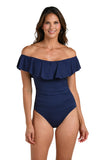 La Blanca Island Goddess Off Shoulder Ruffle One Piece Swimsuit Indigo Blue 4