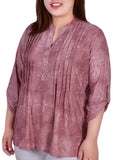 Ny Collection Womens Plus Size 3/4 Roll Tab Sleeve Y-Neck Top Mauve Pink 1X