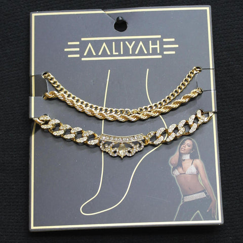 Aaliyah 3 Pack Rope Cuban Chain Rhinestone Crown Anklets Gold Yellow 10" + 2"