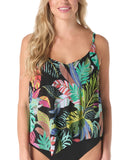 Coco Reef Mesh Tropical Asymmetric Tankini Swim Top Black / Multi 34DD