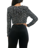 Alex & Sophia Cropped Faux-Pearl-Trim Sequin Velvet Top Charcoal Black 2XS