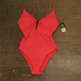Bar III Womens V-Wire Plunge-Neck One Piece Swimsuit Bright Rose Pink S