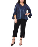 MSK Plus Size V Neck Bell Sleeve Sequin Knit Blouse Top Shirt NAVY BLUE 1X