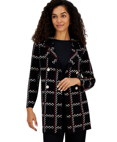 Kasper Womens Edge Notched Collar Faux Button Open Front Coatigan Black Multi XL