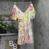 Aqua Belted Woven Tile Puff Sleeve V-Neck Dress IDO12876 Pink Multi XL