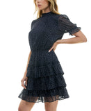 Crystal Doll Printed-Chiffon Short Sleeve Babydoll Dress Navy Blue / White XL