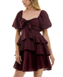 Crystal Doll Sweetheart-Neck Puffed Sleeve Fit Flare Dress Merlot Red 2XS