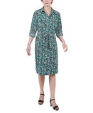 Ny Collection Petite Geometric Printed Long Sleeve Roll Tab Shirtdress Dress
