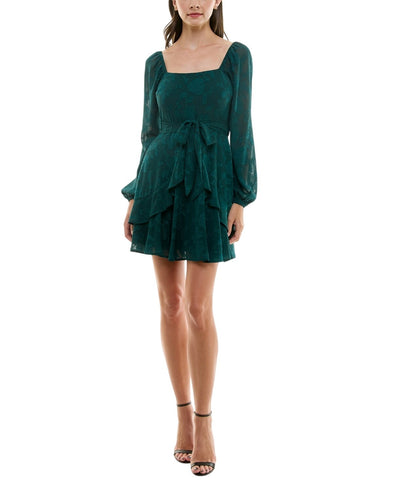Trixxi Juniors Tie-Waist Ruffled Jacquard Dress Belted 26EB4278FI Hunter Green S