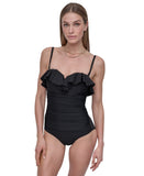 DKNY Womens Ruffle-Bandeau-Neck Tummy Control One Piece Swimsuit Black XL