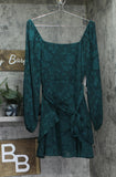 Trixxi Tie Waist Ruffled Jacquard Fit Flare Sheer Sleeved Dress Hunter Green L