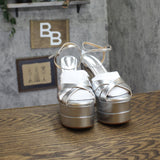 Schutz Keefa High Crossover High Heel Platform Sandals Prata Silver Gray 7.5B