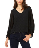 Sam & Jess Womens V-Neck Smocked Cuff Lined V-Neck Top Black M